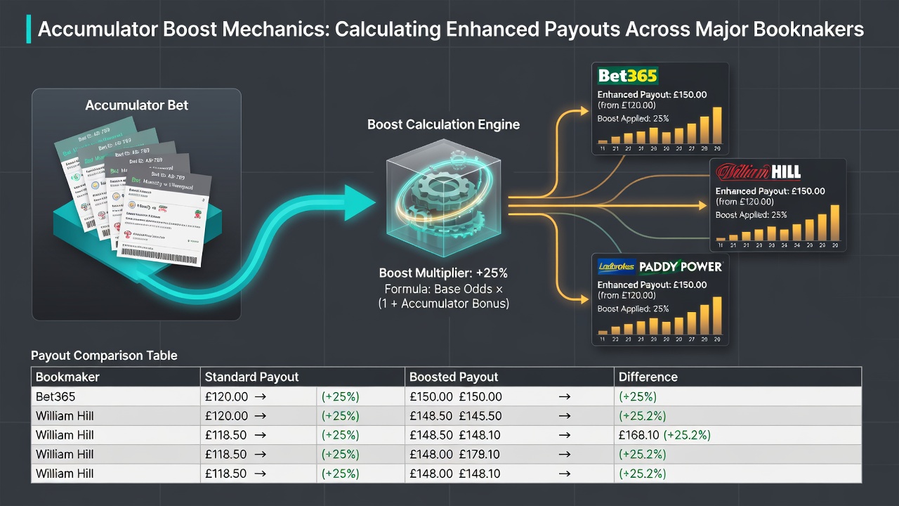 Detailed payout breakdown table comparing accumulator boosts from different bookmakers