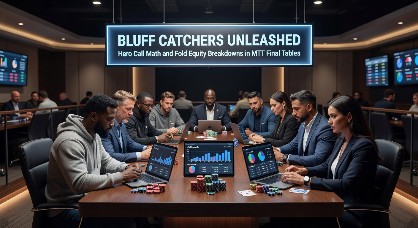 Close-up of poker chips and cards illustrating fold equity calculations during a tense MTT final table hand