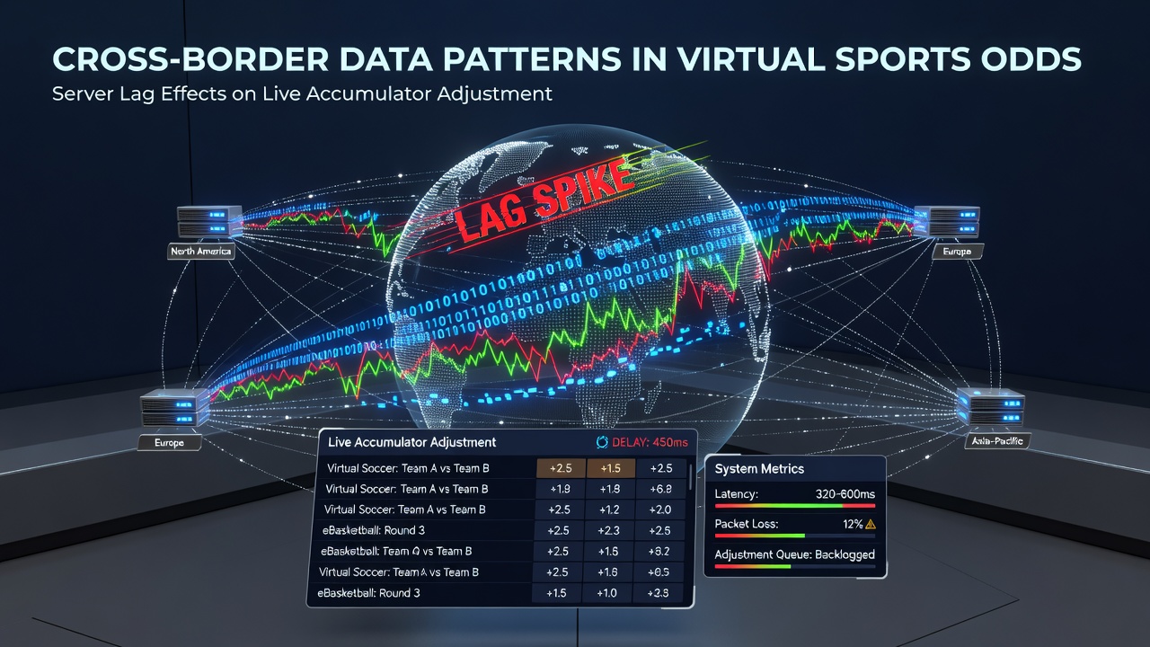 Network map illustrating time zone overlaps and accumulator bet processing delays between virtual sports platforms