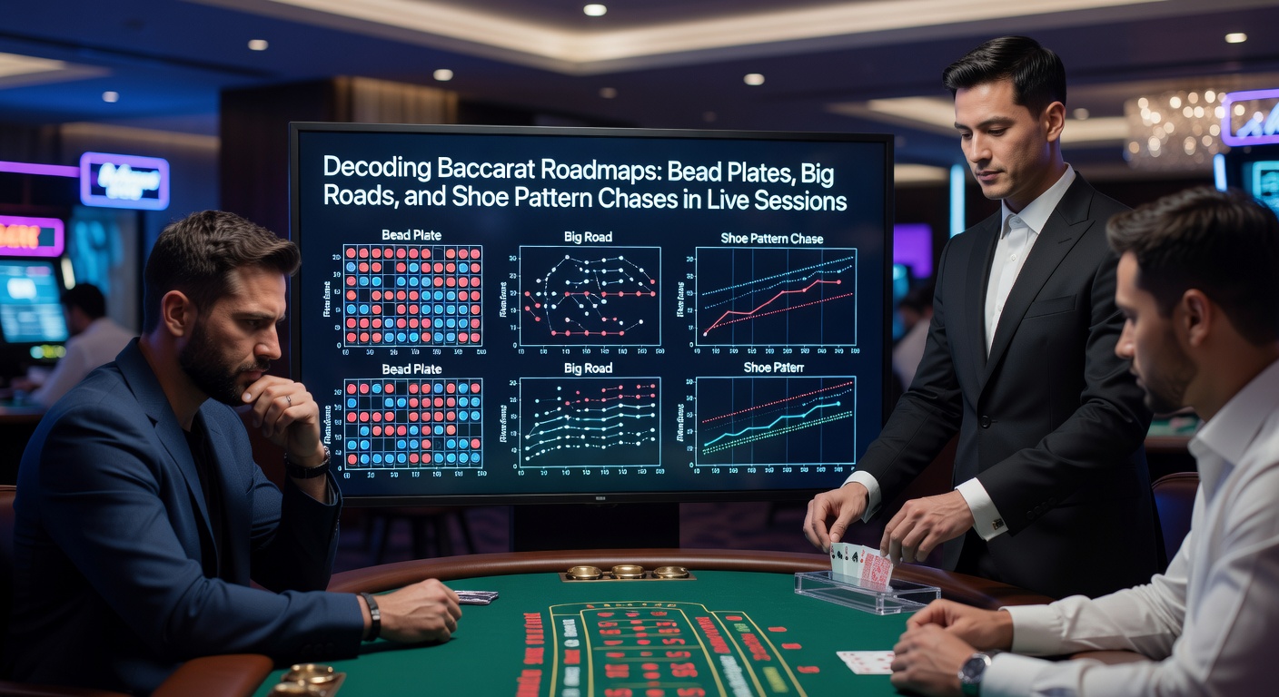 Detailed big road chart from a live baccarat session, illustrating streaky Banker columns in red rising tall alongside choppy Player blue entries, with Tie interruptions visible
