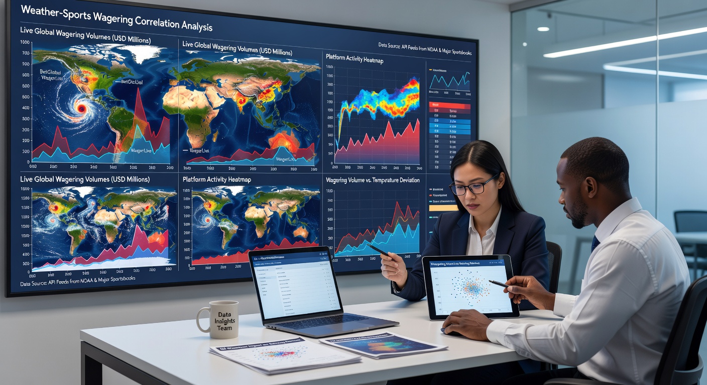 Data analysts reviewing correlations between rainfall metrics and live sports betting volumes on international wagering dashboards