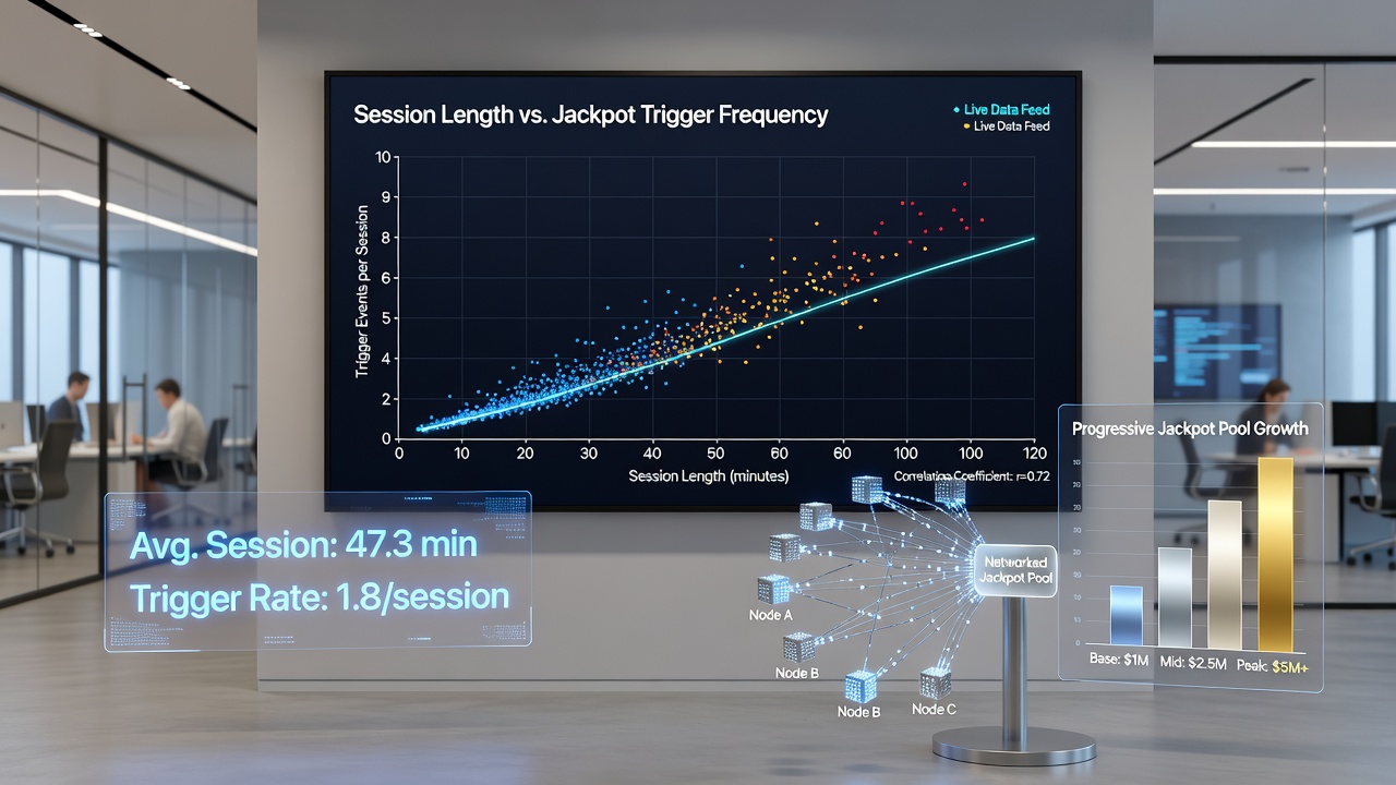 Graphs and charts illustrating correlations between session durations and jackpot triggers on casino networks