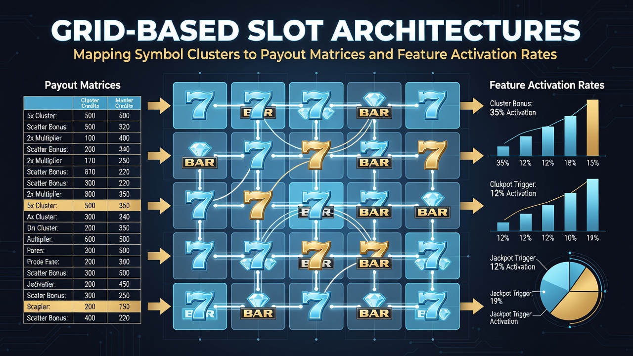 Detailed view of a 7x7 grid slot layout showing symbol clusters forming across adjacent positions