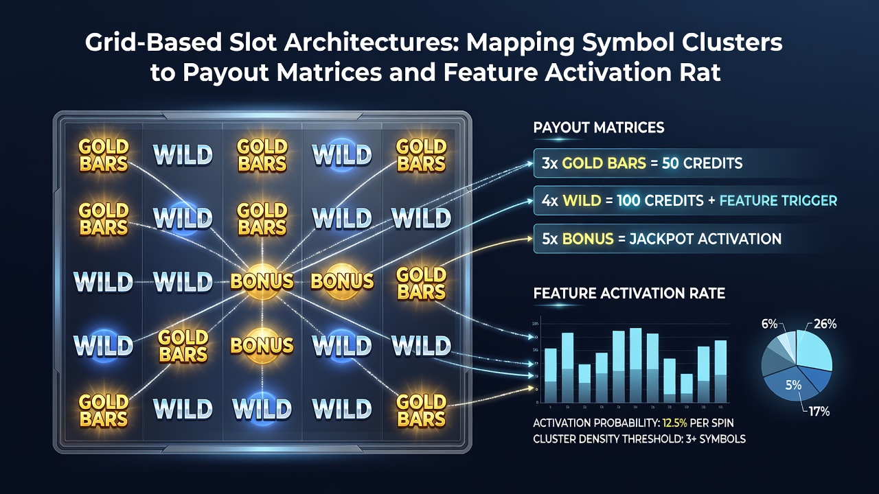 Close-up of payout matrix table and feature trigger probability chart used in grid slot development