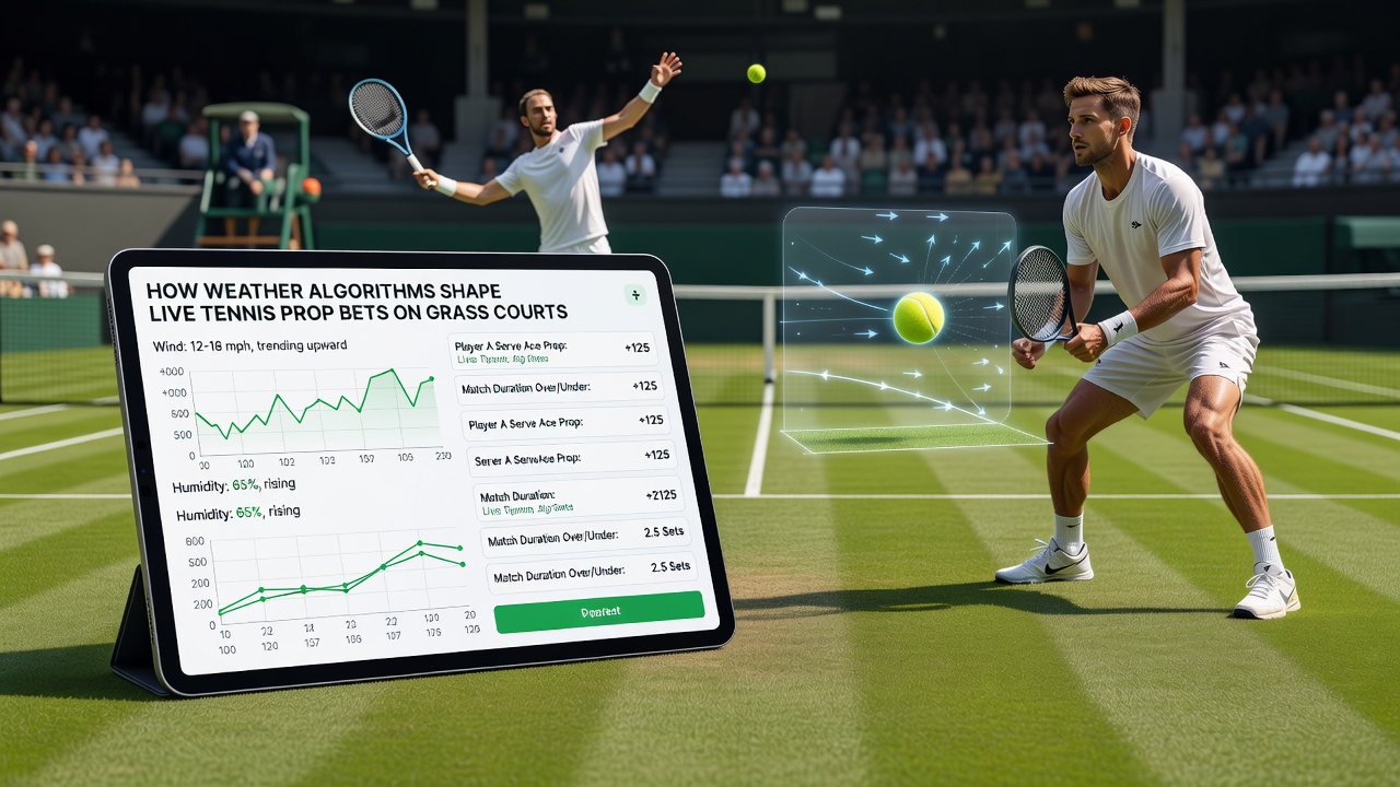 Live tennis match on grass with overlaid weather data influencing prop bets