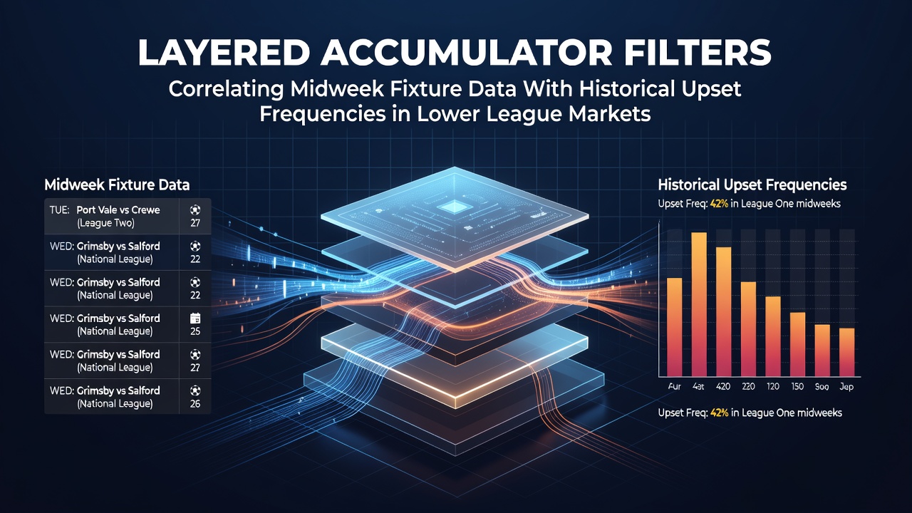 Data visualization showing midweek fixture correlations and upset frequency charts for lower league football markets