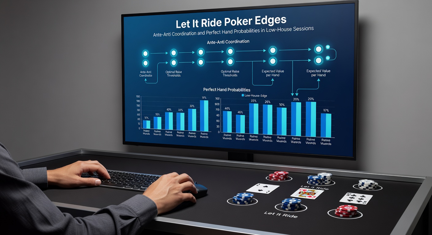 Digital simulation screen displaying Let It Ride hand probabilities chart with ante-ride decision trees and payout distributions