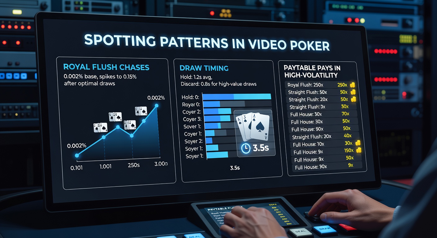 Close-up of a video poker paytable on a high-volatility machine, emphasizing royal flush multipliers and bonus payouts for four-of-a-kind hands