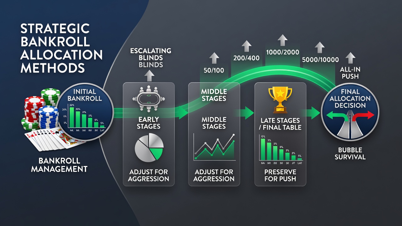 Charts and graphs showing bankroll distribution across multiple poker tables with blind level timelines