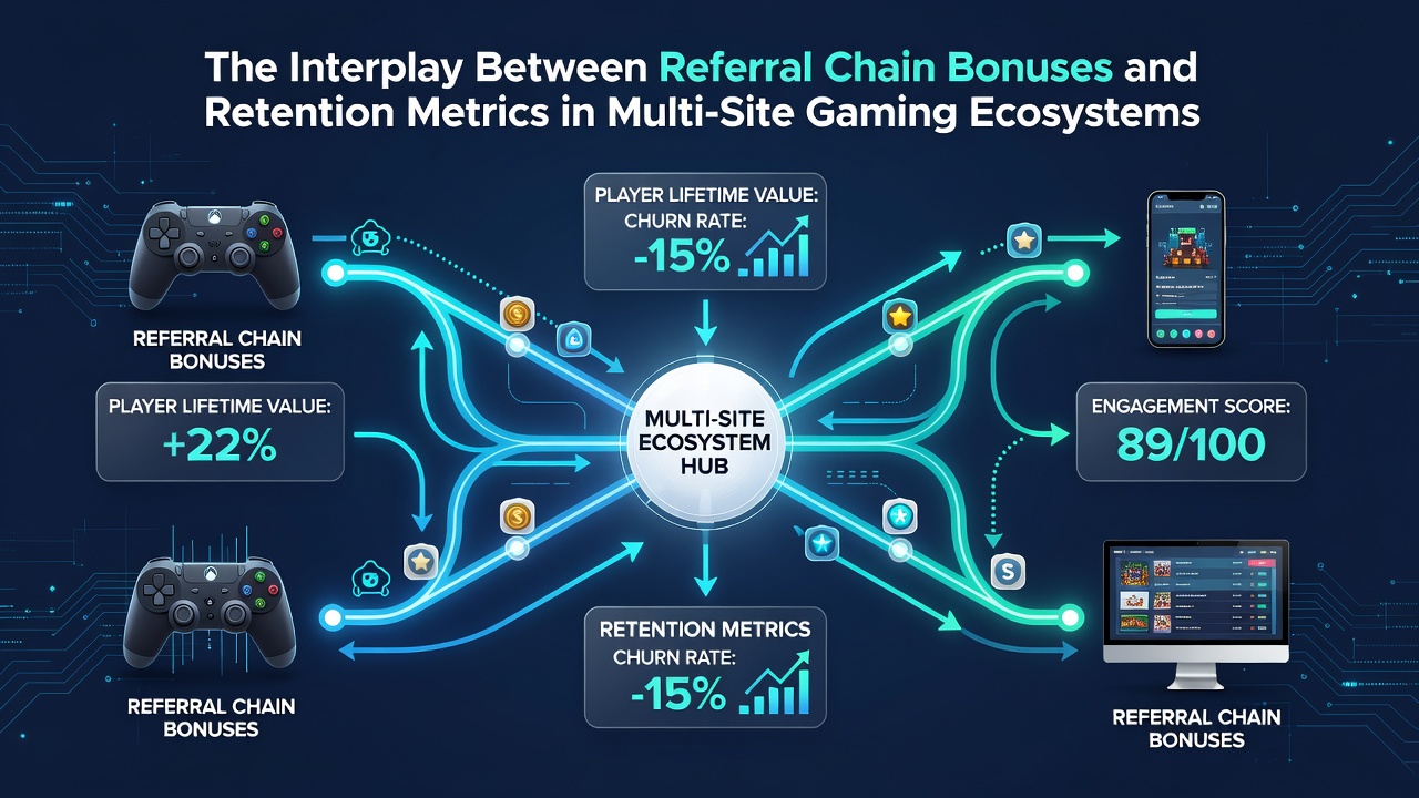Analytics dashboard displaying retention curves segmented by referral chain depth in gaming networks