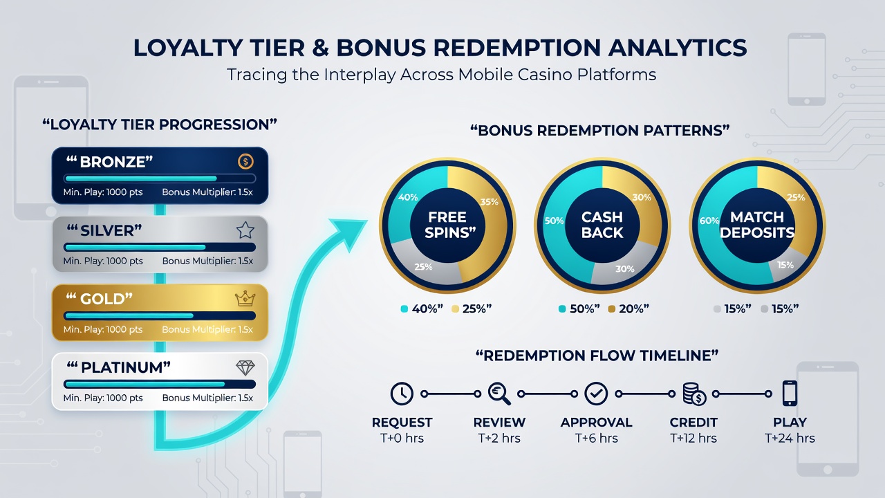 Analytics dashboard displaying tier distribution and bonus redemption heatmaps from mobile casino users